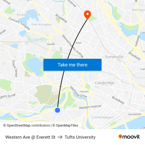Western Ave @ Everett St to Tufts University map