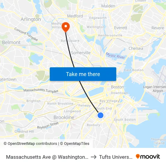 Massachusetts Ave @ Washington St to Tufts University map