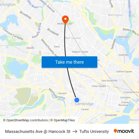 Massachusetts Ave @ Hancock St to Tufts University map
