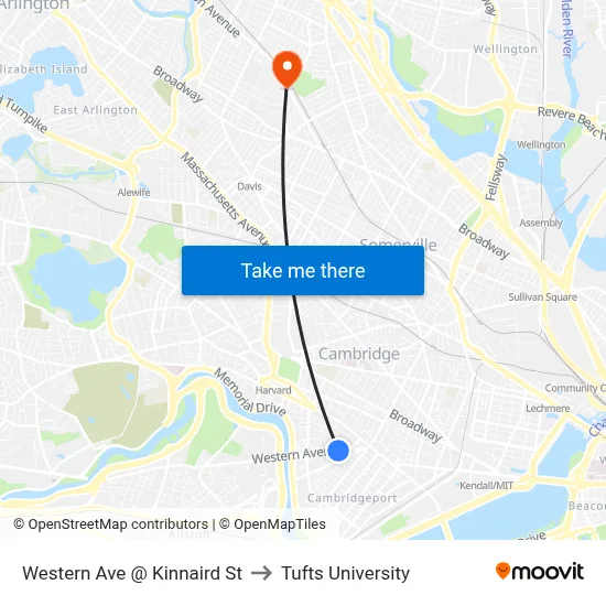 Western Ave @ Kinnaird St to Tufts University map