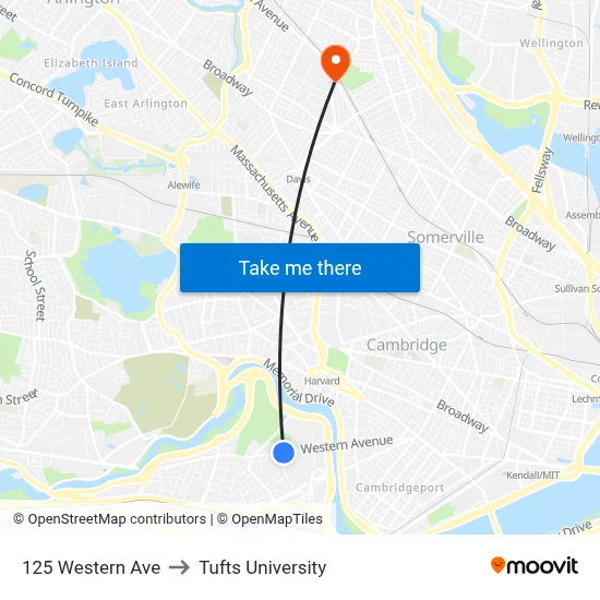 125 Western Ave to Tufts University map