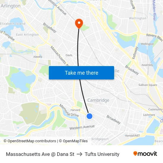 Massachusetts Ave @ Dana St to Tufts University map