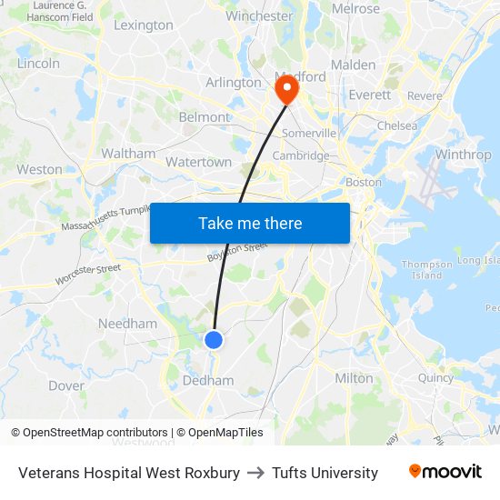 Veterans Hospital West Roxbury to Tufts University map