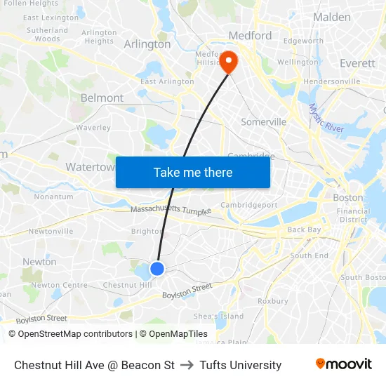 Chestnut Hill Ave @ Beacon St to Tufts University map
