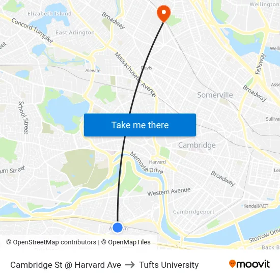 Cambridge St @ Harvard Ave to Tufts University map