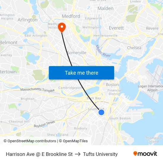 Harrison Ave @ E Brookline St to Tufts University map