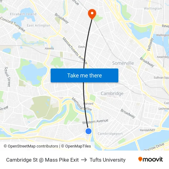 Cambridge St @ Mass Pike Exit to Tufts University map