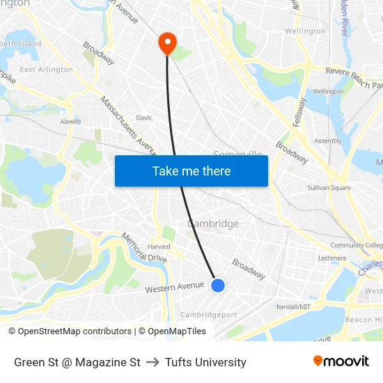 Green St @ Magazine St to Tufts University map