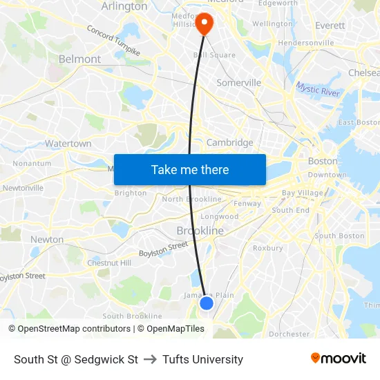 South St @ Sedgwick St to Tufts University map
