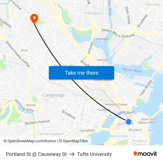 Portland St @ Causeway St to Tufts University map