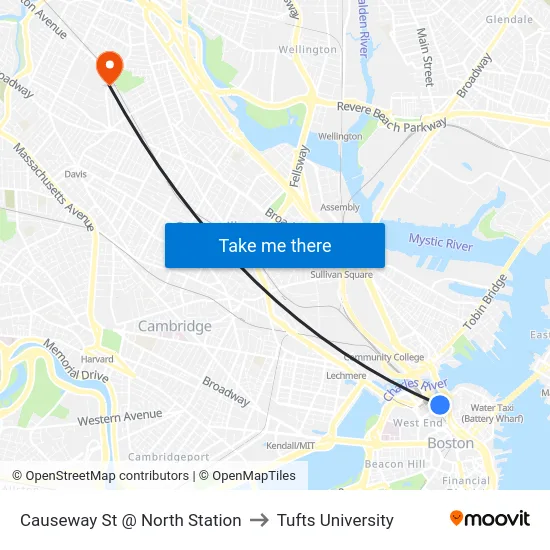 Causeway St @ North Station to Tufts University map