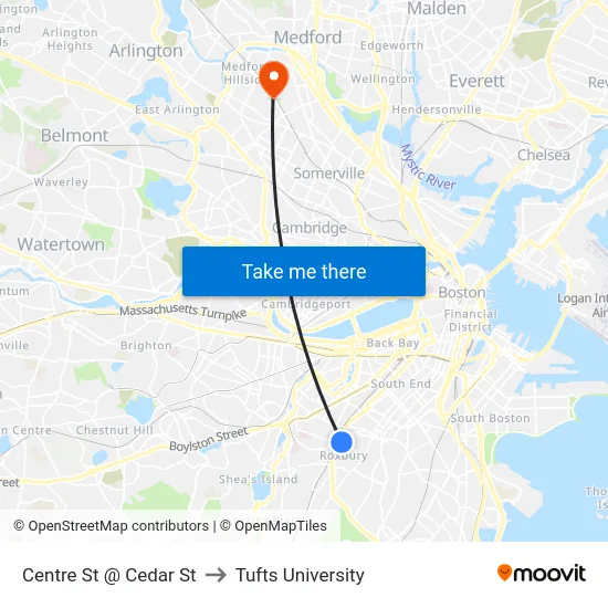 Centre St @ Cedar St to Tufts University map