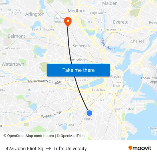 42a John Eliot Sq to Tufts University map