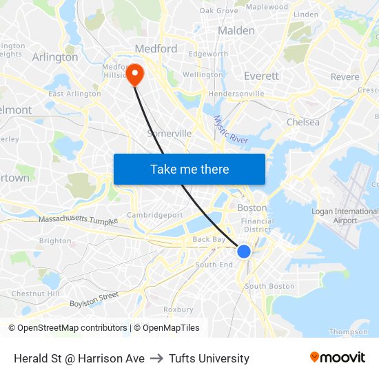 Herald St @ Harrison Ave to Tufts University map