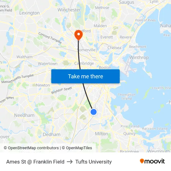 Ames St @ Franklin Field to Tufts University map