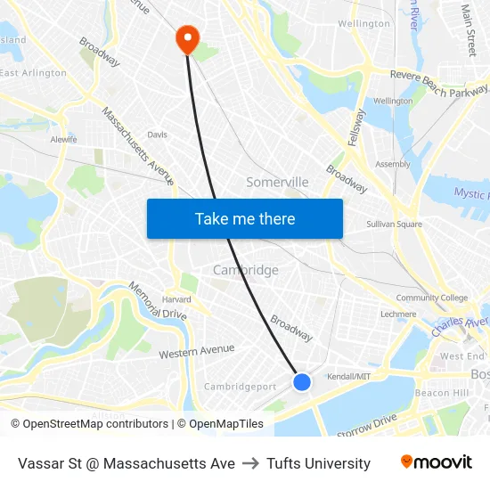 Vassar St @ Massachusetts Ave to Tufts University map