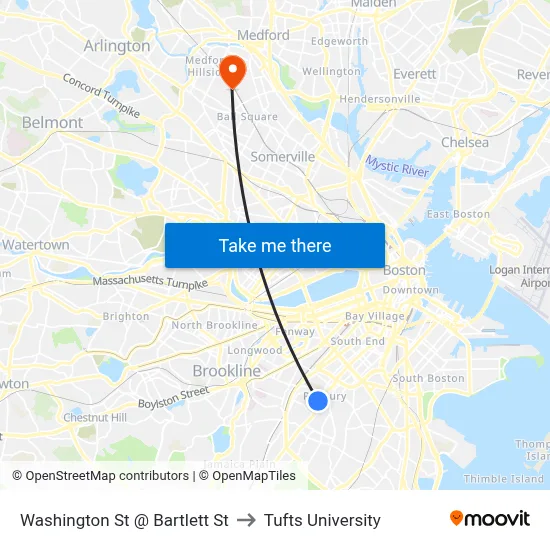 Washington St @ Bartlett St to Tufts University map
