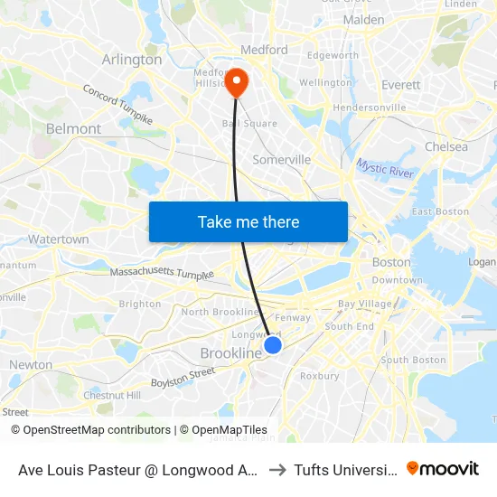 Ave Louis Pasteur @ Longwood Ave to Tufts University map