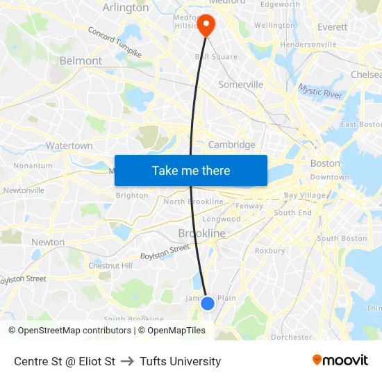 Centre St @ Eliot St to Tufts University map