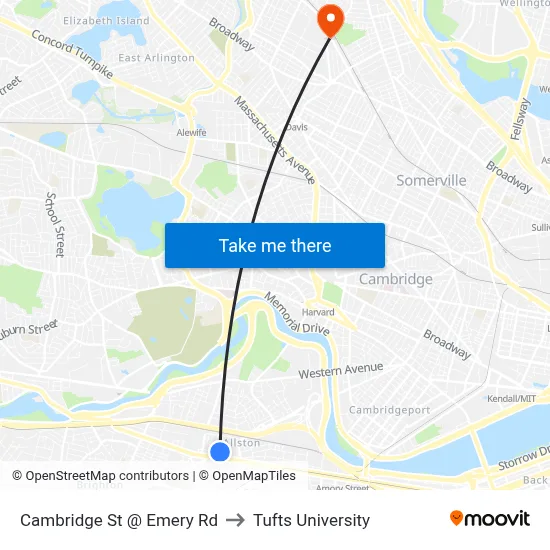 Cambridge St @ Emery Rd to Tufts University map