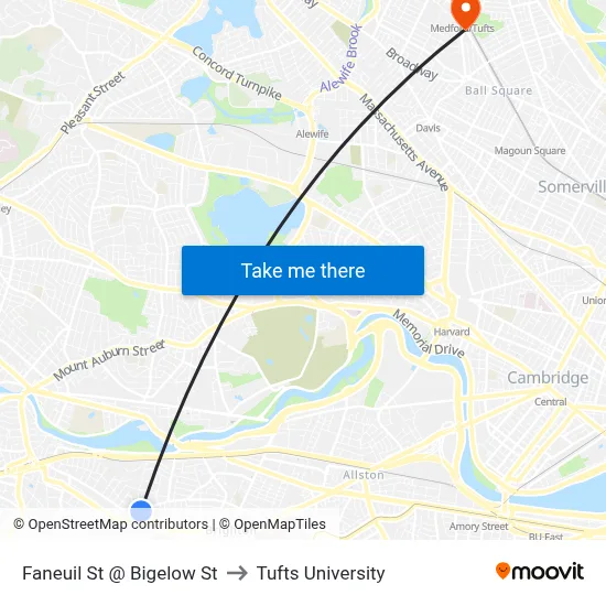 Faneuil St @ Bigelow St to Tufts University map