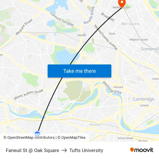Faneuil St @ Oak Square to Tufts University map