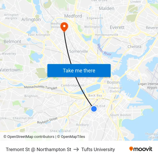 Tremont St @ Northampton St to Tufts University map