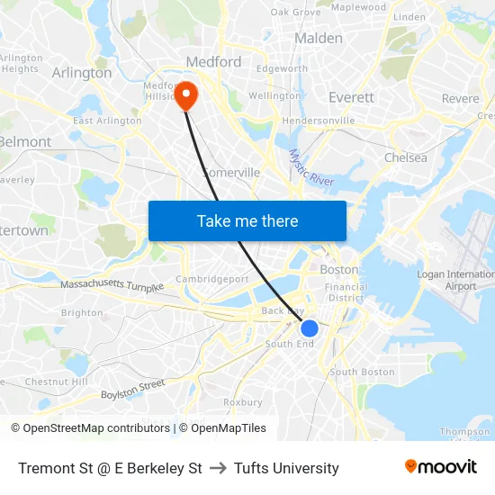 Tremont St @ E Berkeley St to Tufts University map