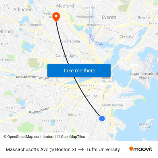 Massachusetts Ave @ Boston St to Tufts University map