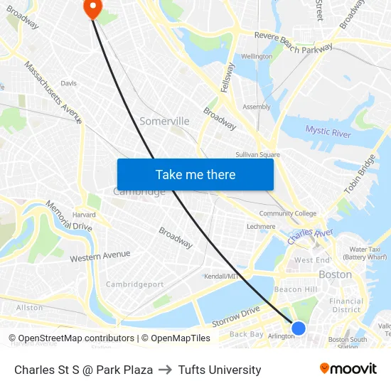Charles St S @ Park Plaza to Tufts University map