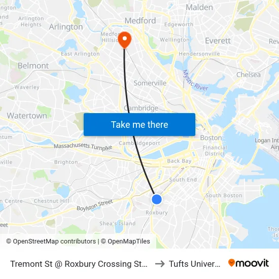 Tremont St @ Roxbury Crossing Station to Tufts University map