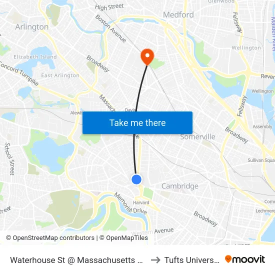 Waterhouse St @ Massachusetts Ave to Tufts University map
