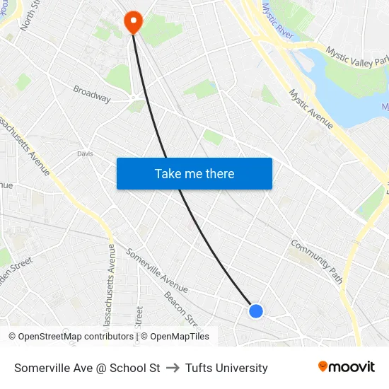 Somerville Ave @ School St to Tufts University map