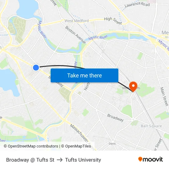 Broadway @ Tufts St to Tufts University map