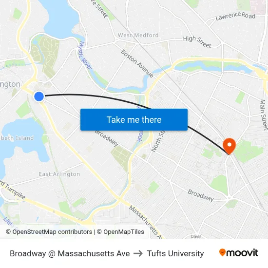 Broadway @ Massachusetts Ave to Tufts University map
