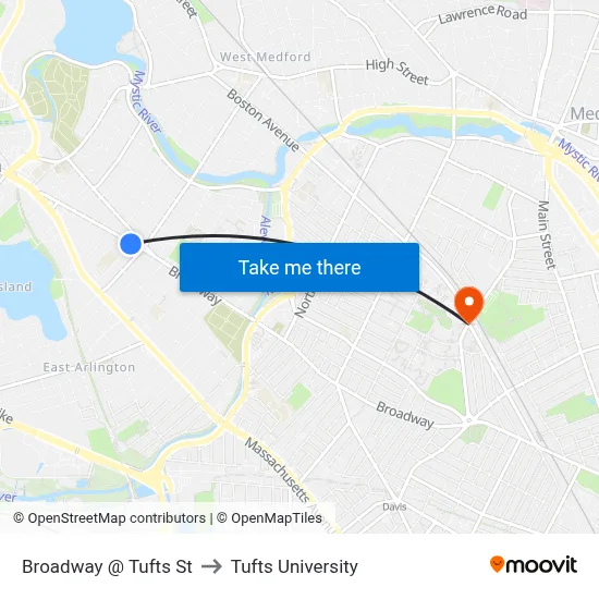Broadway @ Tufts St to Tufts University map