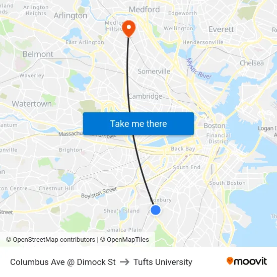 Columbus Ave @ Dimock St to Tufts University map