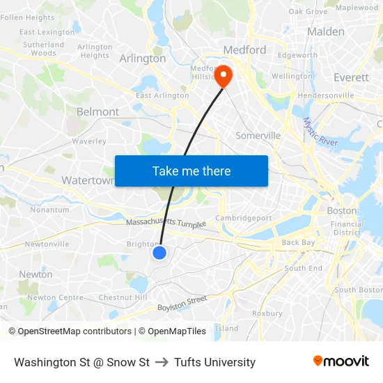 Washington St @ Snow St to Tufts University map