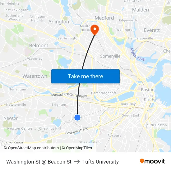 Washington St @ Beacon St to Tufts University map
