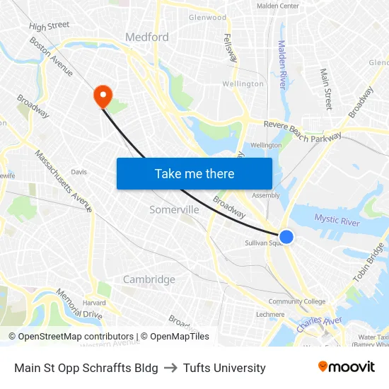 Main St Opp Schraffts Bldg to Tufts University map