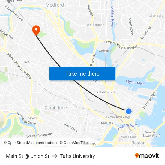 Main St @ Union St to Tufts University map