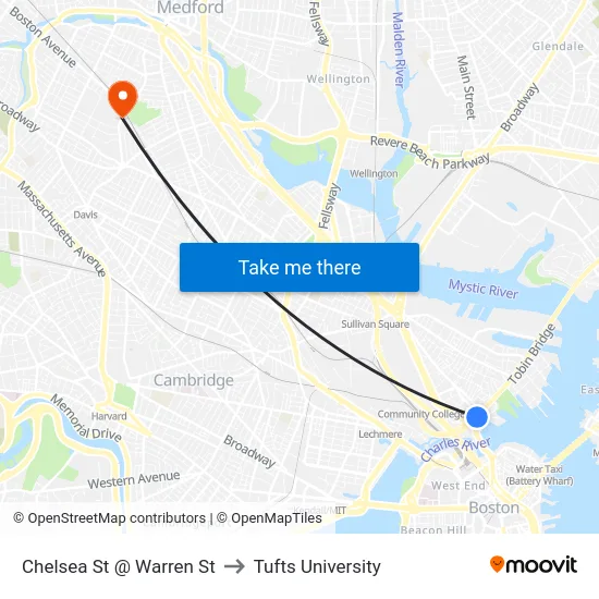 Chelsea St @ Warren St to Tufts University map
