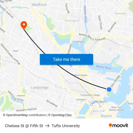Chelsea St @ Fifth St to Tufts University map