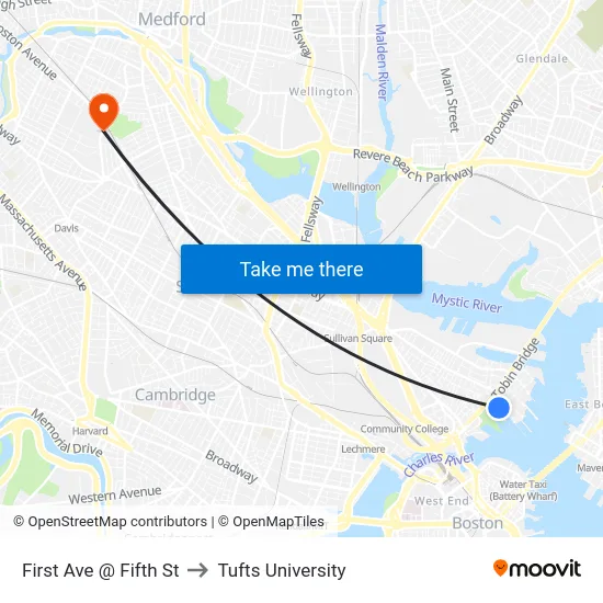 First Ave @ Fifth St to Tufts University map