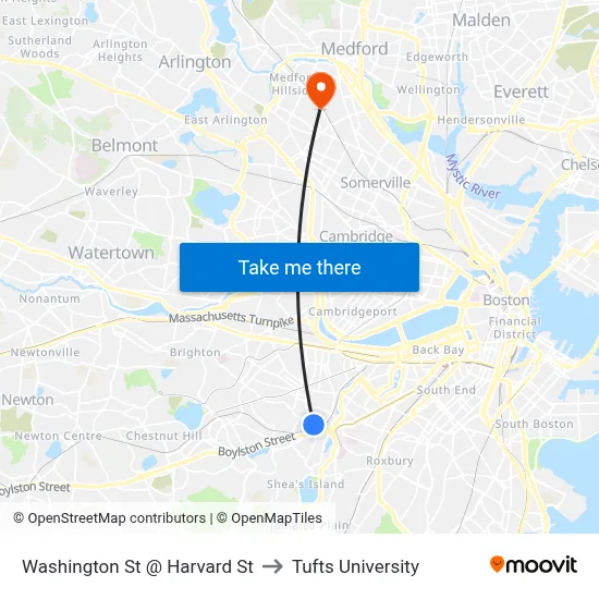 Washington St @ Harvard St to Tufts University map