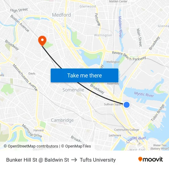 Bunker Hill St @ Baldwin St to Tufts University map