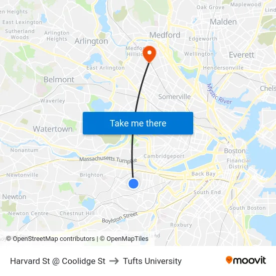 Harvard St @ Coolidge St to Tufts University map