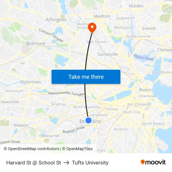 Harvard St @ School St to Tufts University map