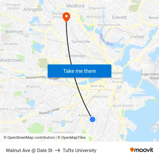 Walnut Ave @ Dale St to Tufts University map