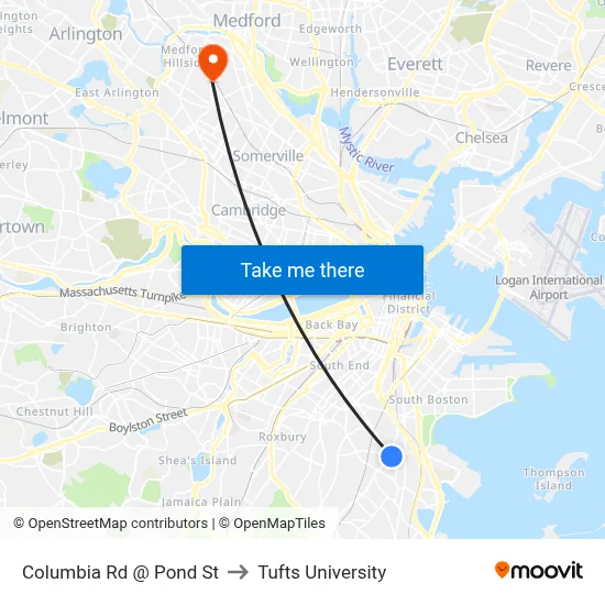 Columbia Rd @ Pond St to Tufts University map